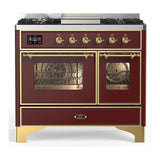 ILVE UMD40FNR3BUG Majestic III 40 inch Dual Fuel Range with 6 Burners and Griddle, Dual Function Burner up to 25,000 BTU (Natural Gas, Triple Glass Door, Burgundy, Brass)