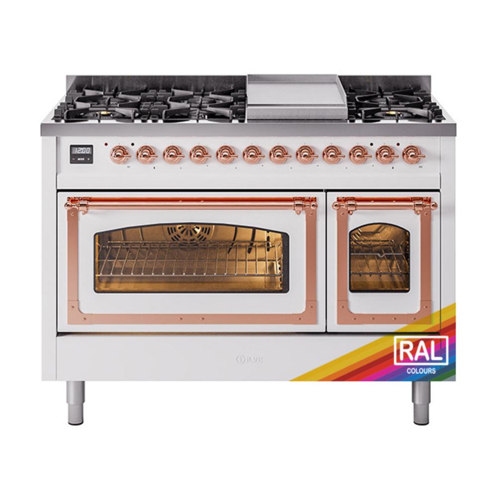 ILVE UN48FNMPRAP Nostalgie II Noblesse 48 inch Dual Fuel Range (8 Sealed Burners + Griddle, Natural Gas, Triple Glass Door, RAL, Copper)