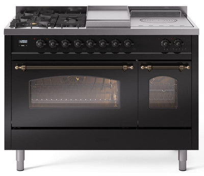 Nostalgie II 48 Inch Dual Fuel Liquid Propane Freestanding Range in Glossy Black with Bronze Trim