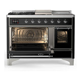 ILVE UM48FSNR3BKC Majestic III 48 inch Dual Fuel Range with 5 Black Brass Burners, Griddle and French Top, Dual Function Burner up to 25,000 BTU (Natural Gas, Triple Glass Door, Glossy Black, Chrome)