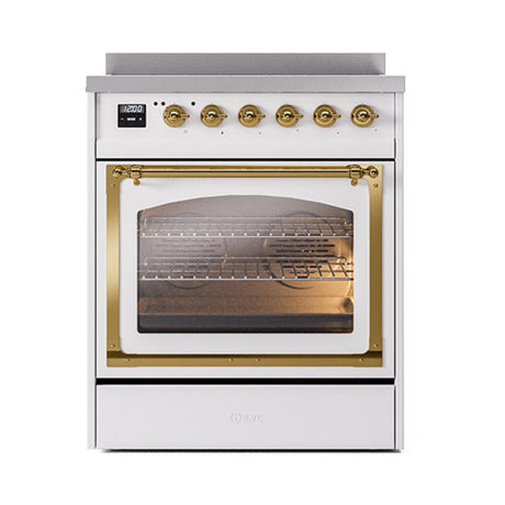 ILVE UNI304NMPWHG Nostalgie II Noblesse 30 inch Induction Range (Triple Glass Door, White, Brass)
