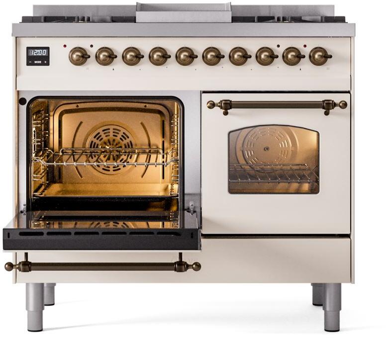 Nostalgie II 40 Inch Dual Fuel Natural Gas Freestanding Range in Antique White with Bronze Trim