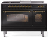 Nostalgie II 48 Inch Dual Fuel Natural Gas Freestanding Range in Glossy Black with Brass Trim