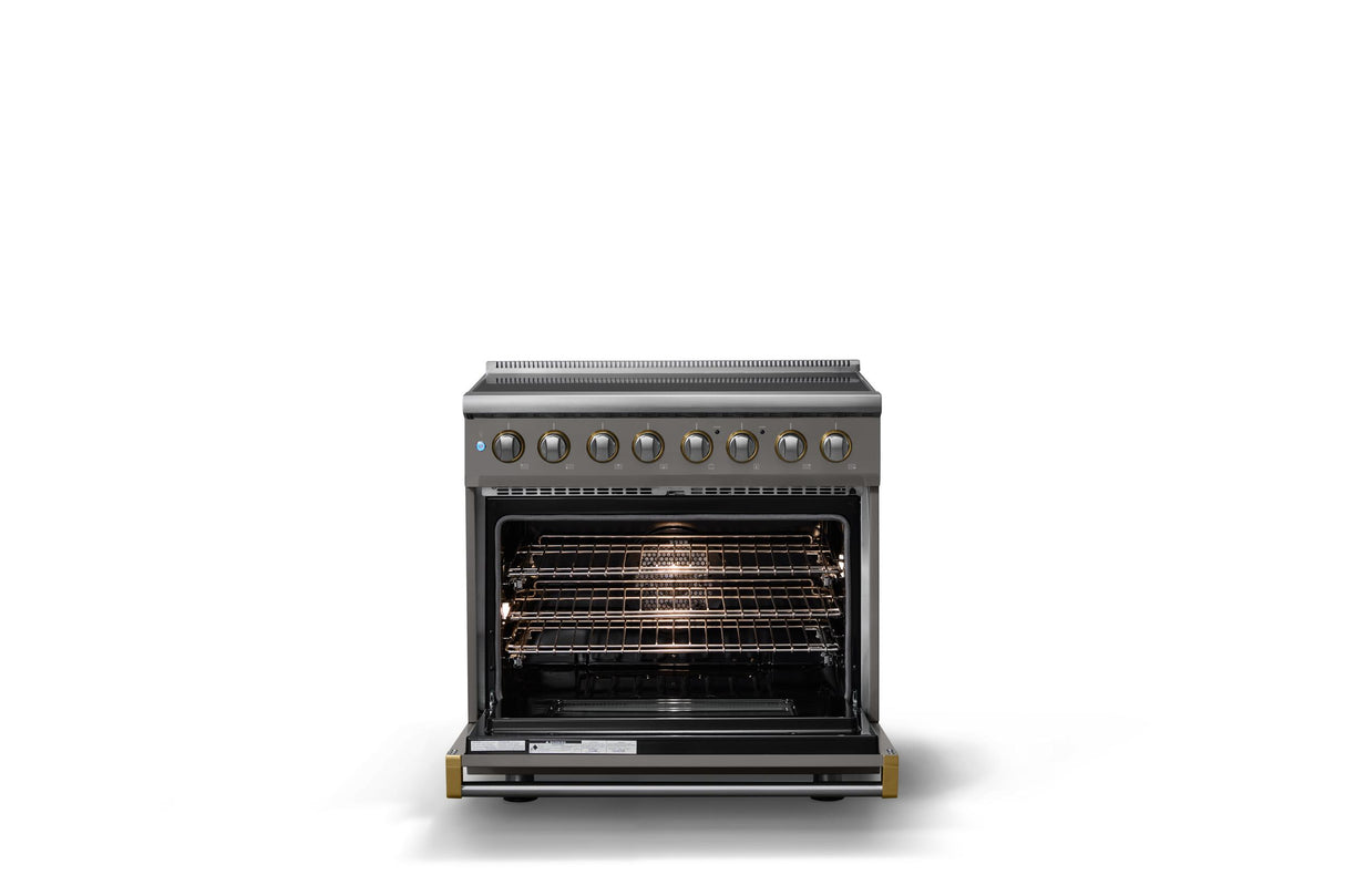 36"W. Induction Range (Finish: Damascus Gray, Trim: Brushed Brass)
