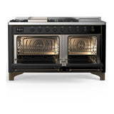 ILVE UM60FSNR3BKBLP Majestic III 60 inch Dual Fuel Range with 7 Burners, Griddle and French Top, Dual Function Burner with up to 25,000 BTU (Liquid Propane, Triple Glass Door, Glossy Black, Burnished)