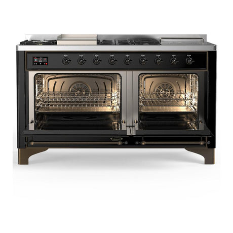 ILVE UM60FSNR3BKBLP Majestic III 60 inch Dual Fuel Range with 7 Burners, Griddle and French Top, Dual Function Burner with up to 25,000 BTU (Liquid Propane, Triple Glass Door, Glossy Black, Burnished)