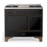 ILVE UMD40FQNR3BKB Majestic III 40 inch Dual Fuel Range with 6 Burners and Griddle, Dual Function Burner up to 25,000 BTU (Natural Gas, Solid Door, Glossy Black, Burnished)