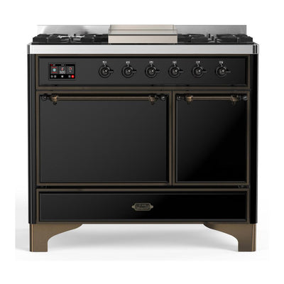 ILVE UMD40FQNR3BKB Majestic III 40 inch Dual Fuel Range with 6 Burners and Griddle, Dual Function Burner up to 25,000 BTU (Natural Gas, Solid Door, Glossy Black, Burnished)