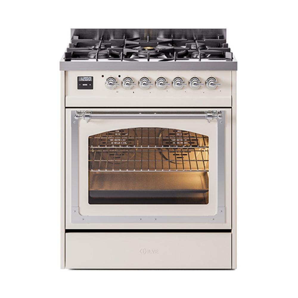 ILVE UN30NMPAWC Nostalgie II Noblesse 30 inch Dual Fuel Range (Natural Gas, Triple Glass Door, Antique White, Chrome)