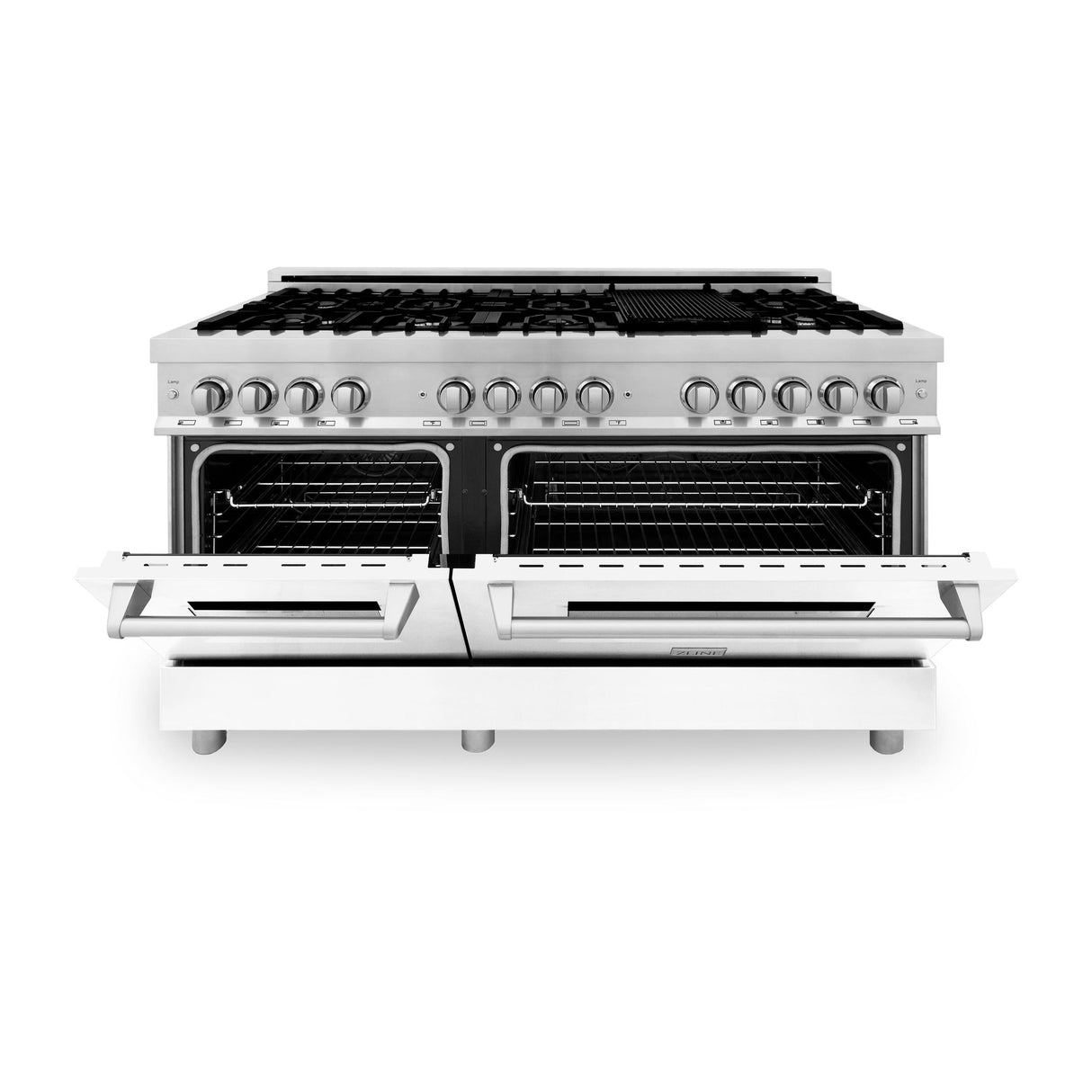 ZLINE 60 in. 7.4 cu. ft. Electric Oven and Gas Cooktop Dual Fuel Range with Griddle and White Matte Door in Stainless Steel (RA-WM-GR-60)