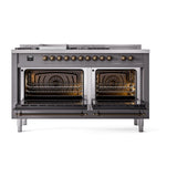 ILVE UN60FSQNMPMGBLP Nostalgie II Noblesse 60 inch Dual Fuel Range (7 Sealed Burners + Griddle + French Top, Liquid Propane, Solid Door, Graphite Matte, Burnished)