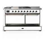 ILVE UM60FSQNR3WHB Majestic III 60 inch Dual Fuel Range with 7 Burners, Griddle and French Top, Dual Function Burner with up to 25,000 BTU (Natural Gas, Solid Door, White, Burnished)