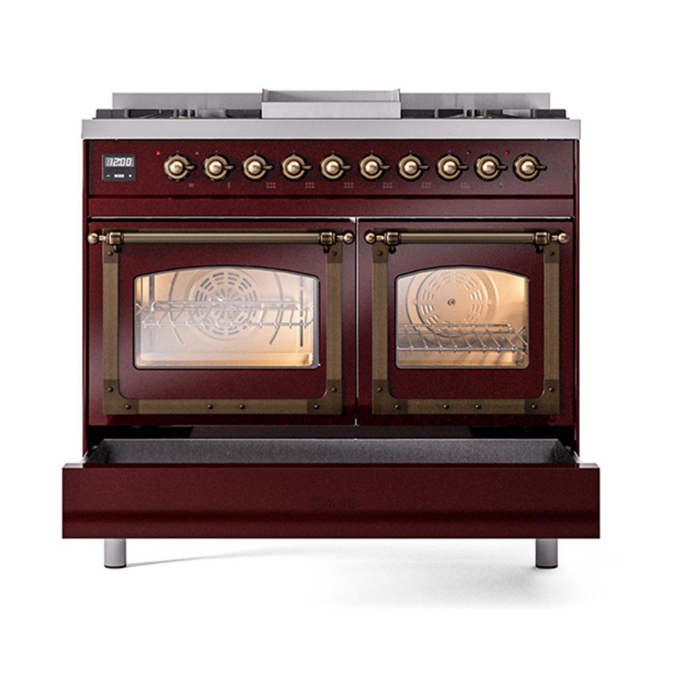 ILVE UND40FNMPBUBLP Nostalgie II Noblesse 40 inch Dual Fuel Range (Liquid Propane, Triple Glass Door, Burgundy, Burnished)