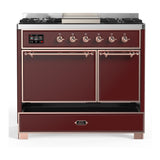 ILVE UMD40FQNR3BUPLP Majestic III 40 inch Dual Fuel Range with 6 Burners and Griddle, Dual Function Burner up to 25,000 BTU (Liquid Propane, Solid Door, Burgundy, Copper)