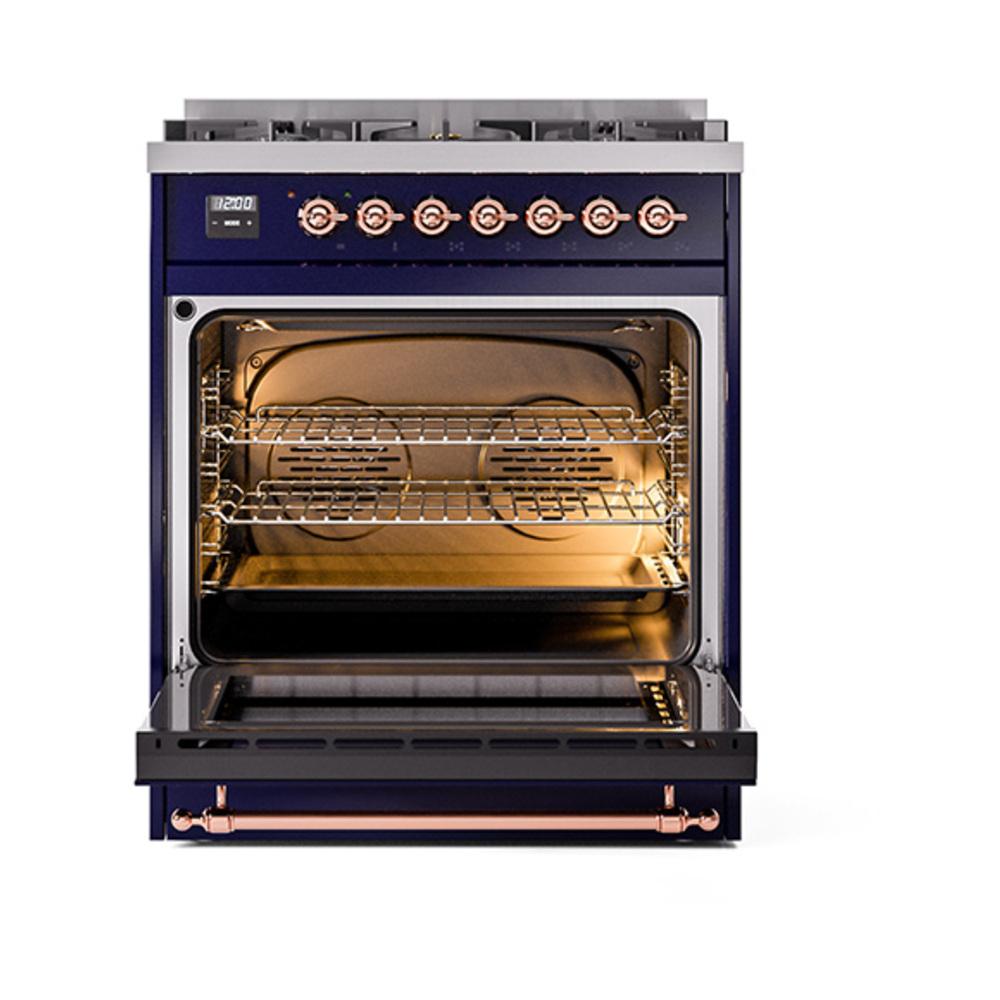 ILVE UN30NMPMBPLP Nostalgie II Noblesse 30 inch Dual Fuel Range (Liquid Propane, Triple Glass Door, Midnight Blue, Copper)