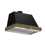 Forno Vittorio 36-Inch Wall Mount Range Hood, Black with Antique Brass Trim, 600 CFM Airflow, Dishwasher-Safe Baffle Filters, Remote Control, 3-Speed Fan, Bright LED Lighting.