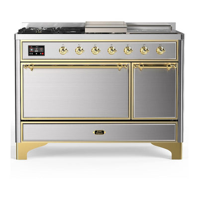 ILVE UM48FSQNR3SSG Majestic III 48 inch Dual Fuel Range with 5 Black Brass Burners, Griddle and French Top, Dual Function Burner up to 25,000 BTU (Natural Gas, Solid Door, Stainless Steel, Brass)