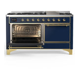 ILVE UM60FQNR3MBG Majestic III 60 inch Dual Fuel Range with 9 Burners and Griddle, Dual Function Burner up to 25,000 BTU (Natural Gas, Solid Door, Midnight Blue, Brass)