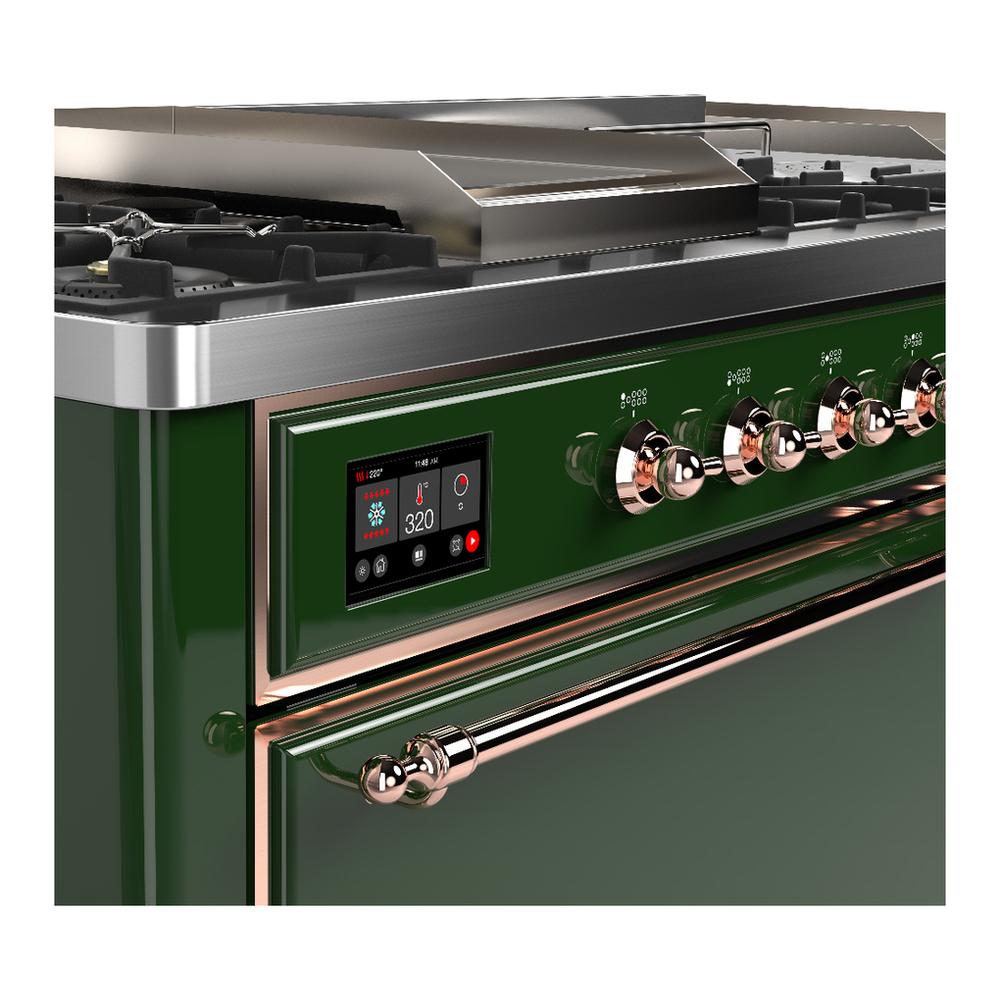 ILVE UM60FSQNR3EGPLP Majestic III 60 inch Dual Fuel Range with 7 Burners, Griddle and French Top, Dual Function Burner with up to 25,000 BTU (Liquid Propane, Solid Door, Emerald Green, Copper)
