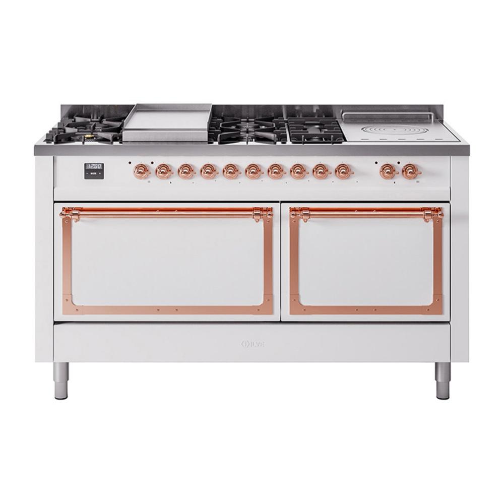 ILVE UN60FSQNMPWHPLP Nostalgie II Noblesse 60 inch Dual Fuel Range (7 Sealed Burners + Griddle + French Top, Liquid Propane, Solid Door, White, Copper)