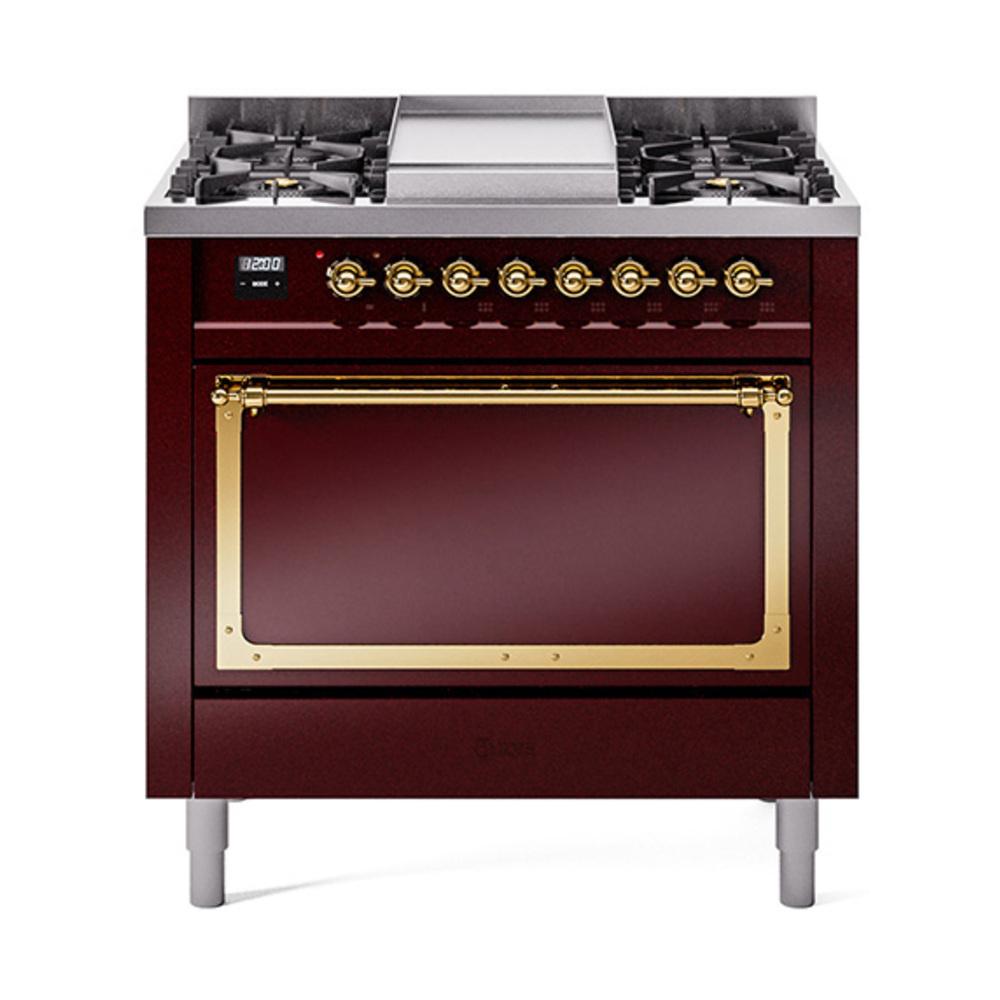 ILVE UN36FQNMPBUG Nostalgie II Noblesse 36 inch Dual Fuel Range (Natural Gas, Solid Door, Burgundy, Brass)