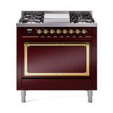 ILVE UN36FQNMPBUG Nostalgie II Noblesse 36 inch Dual Fuel Range (Natural Gas, Solid Door, Burgundy, Brass)