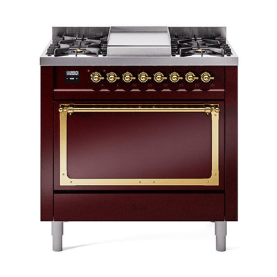 ILVE UN36FQNMPBUG Nostalgie II Noblesse 36 inch Dual Fuel Range (Natural Gas, Solid Door, Burgundy, Brass)