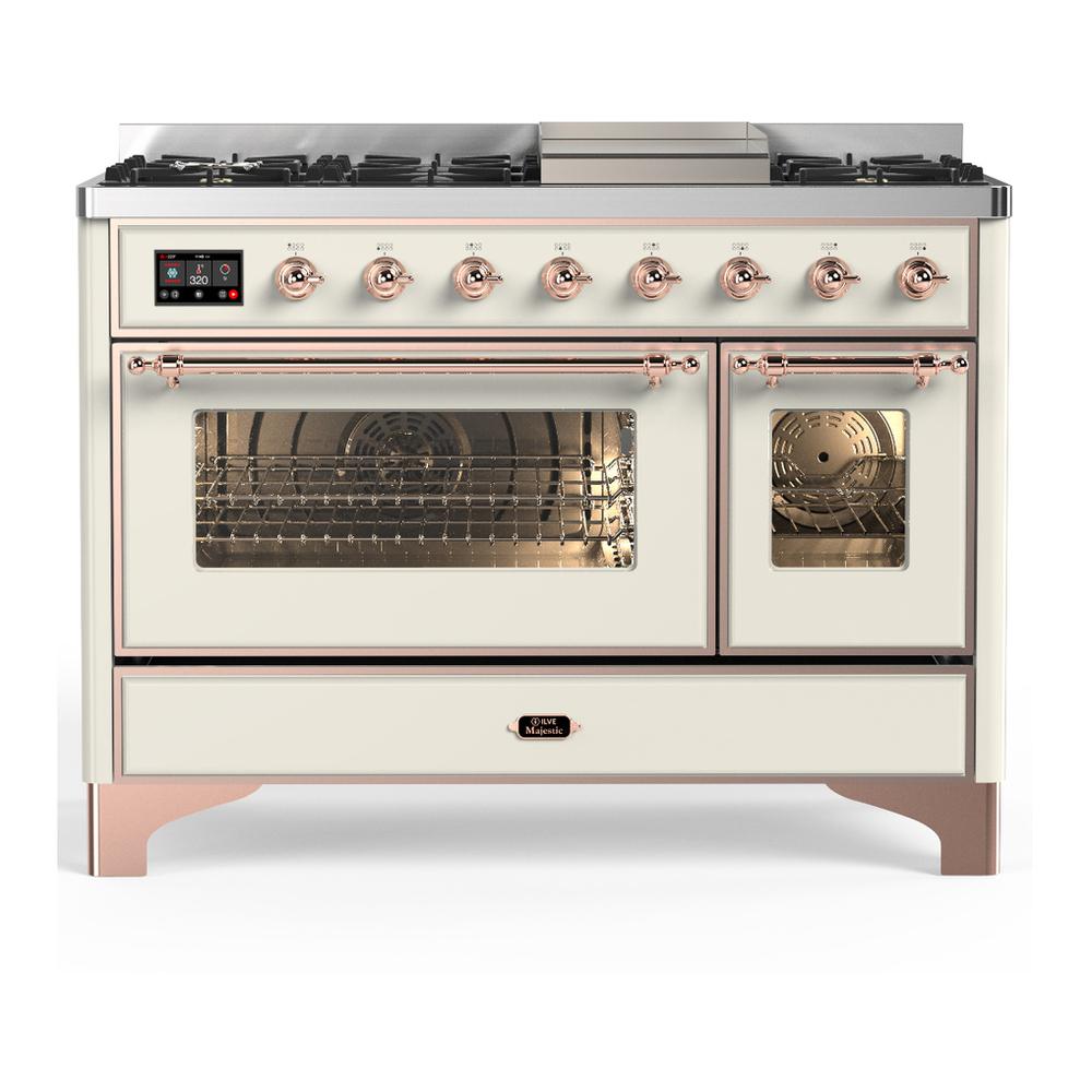 ILVE UM48FNR3AWP Majestic III 48 inch Dual Fuel Range with 8 Burners and Griddle, Dual Function Burner up to 25,000 BTU (Natural Gas, Triple Glass Door, Antique White, Copper)