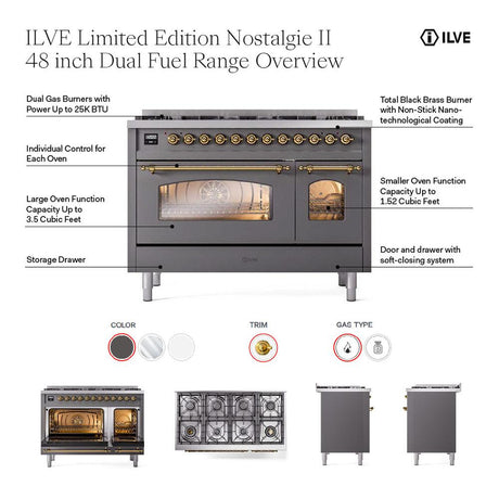 ILVE UP488NMPSSGLP Nostalgie II 48 inch Dual Fuel Range with 8 Total Black Brass Sealed Burners, Brass Trim (Limited Edition) (Liquid Propane, Stainless Steel)