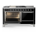 ILVE UM60FSQNR3BKC Majestic III 60 inch Dual Fuel Range with 7 Burners, Griddle and French Top, Dual Function Burner with up to 25,000 BTU (Natural Gas, Solid Door, Glossy Black, Chrome)