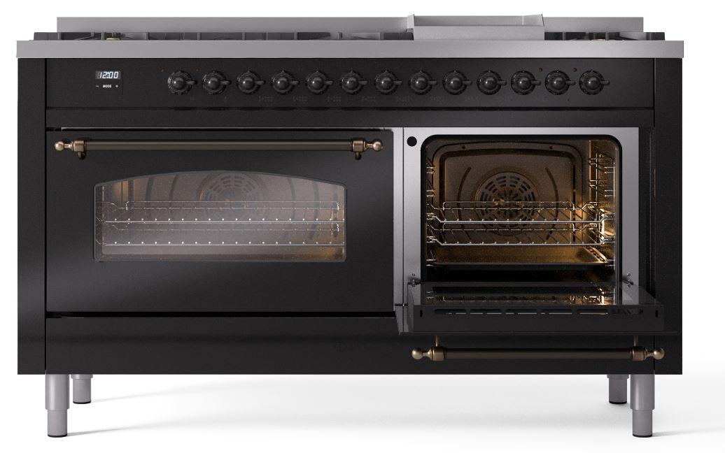 Nostalgie II 60 Inch Dual Fuel Liquid Propane Freestanding Range in Glossy Black with Bronze Trim