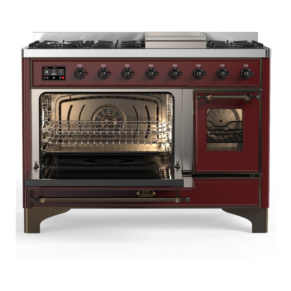 ILVE UM48FNR3BUBLP Majestic III 48 inch Dual Fuel Range with 8 Burners and Griddle, Dual Function Burner up to 25,000 BTU (Liquid Propane, Triple Glass Door, Burgundy, Burnished)