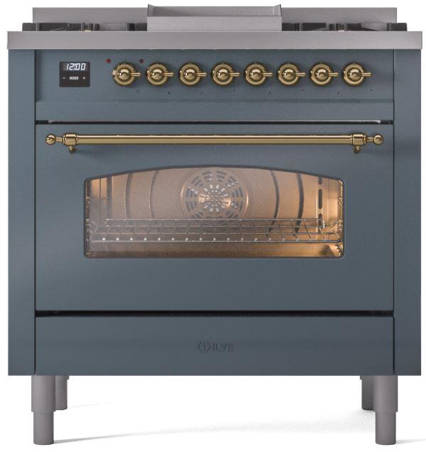 Nostalgie II 36 Inch Dual Fuel Natural Gas Freestanding Range in Blue Grey with Brass Trim