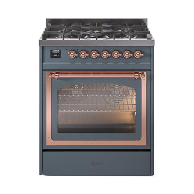 ILVE UN30NMPBGPLP Nostalgie II Noblesse 30 inch Dual Fuel Range (Liquid Propane, Triple Glass Door, Blue Grey, Copper)