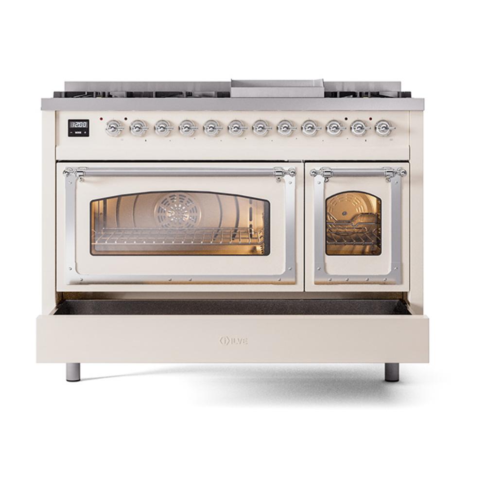 ILVE UN48FNMPAWC Nostalgie II Noblesse 48 inch Dual Fuel Range (8 Sealed Burners + Griddle, Natural Gas, Triple Glass Door, Antique White, Chrome)