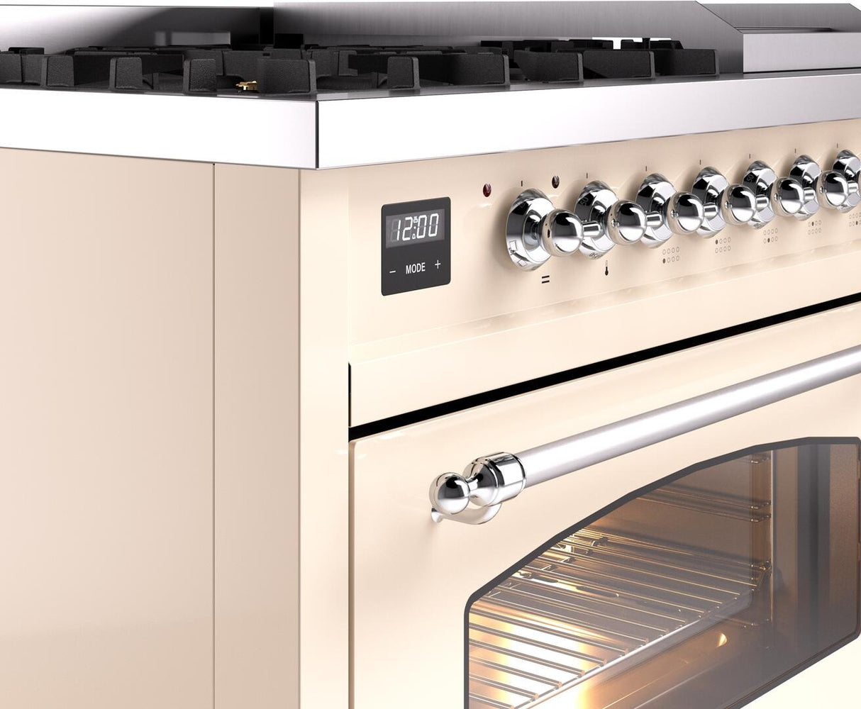 Nostalgie II 48 Inch Dual Fuel Liquid Propane Freestanding Range in Antique White with Chrome Trim