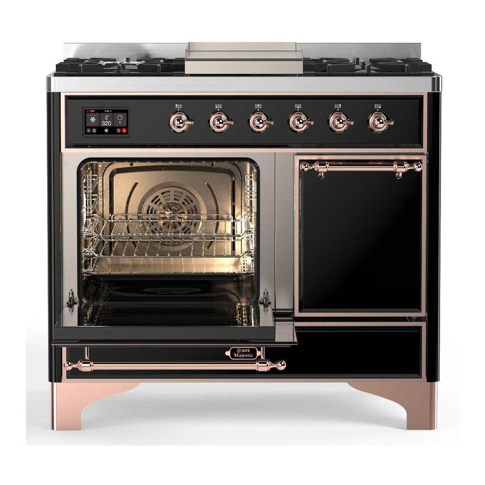 ILVE UMD40FQNR3BKPLP Majestic III 40 inch Dual Fuel Range with 6 Burners and Griddle, Dual Function Burner up to 25,000 BTU (Liquid Propane, Solid Door, Glossy Black, Copper)