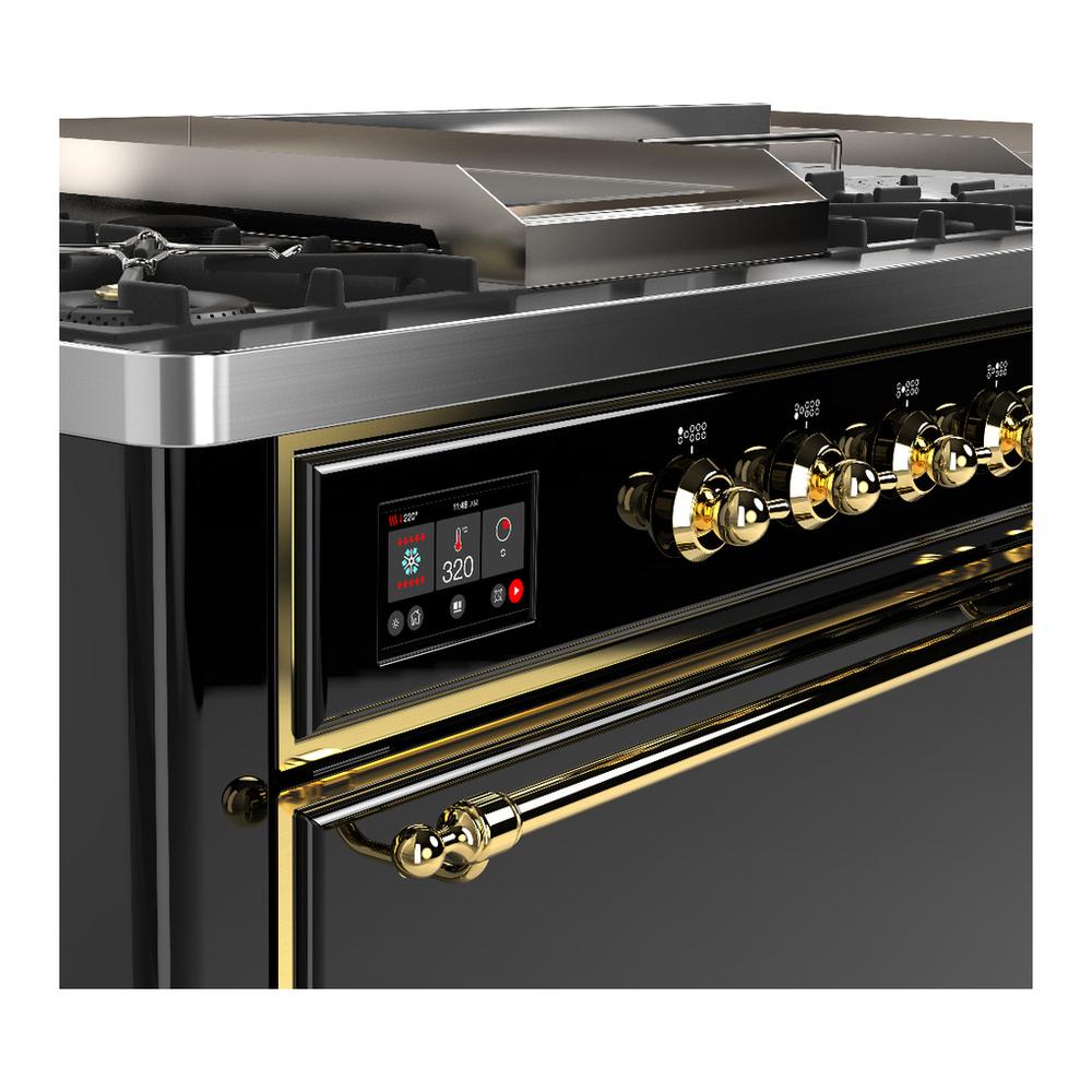 ILVE UM60FSQNR3BKGLP Majestic III 60 inch Dual Fuel Range with 7 Burners, Griddle and French Top, Dual Function Burner with up to 25,000 BTU (Liquid Propane, Solid Door, Glossy Black, Brass)