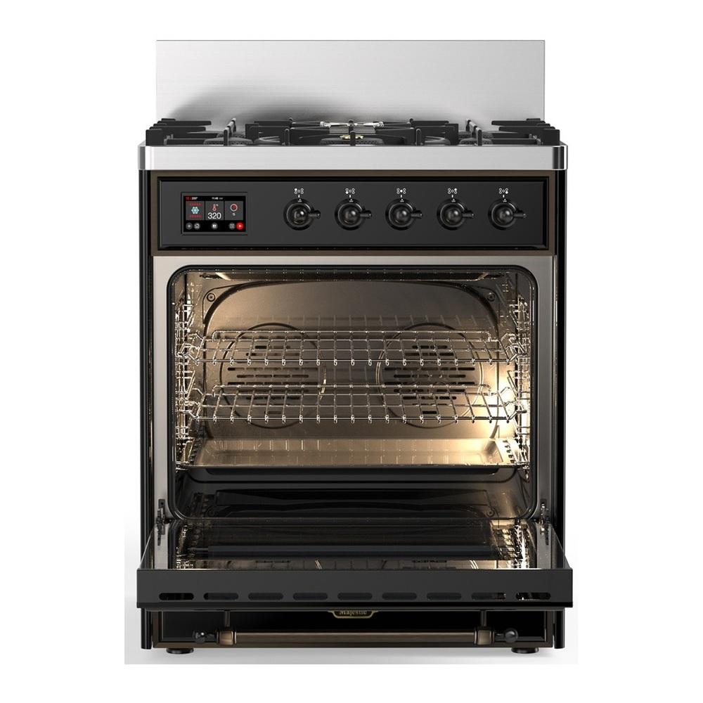 ILVE UM30QNR3BKBLP Majestic III 30 inch Dual Fuel Range with 5 Black Brass Burners, Dual Function Burner up to 25,000 BTU (Liquid Propane, Solid Door, Glossy Black, Burnished)