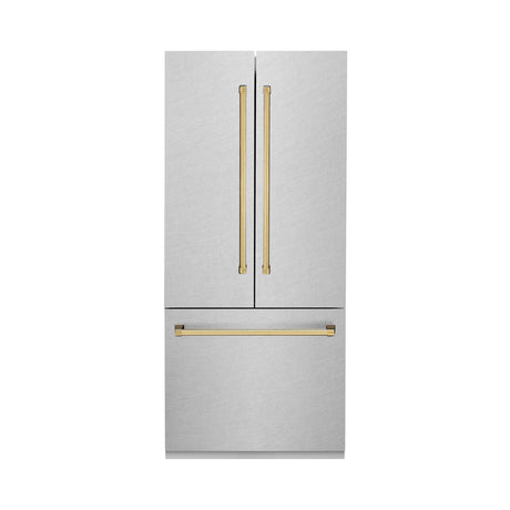 ZLINE 36" Autograph Edition 19.6 cu. ft. Built-in 3-Door French Door Refrigerator with Internal Water and Ice Dispenser in Fingerprint Resistant Stainless Steel with Polished Gold Accents (RBIVZ-SN-36-G)