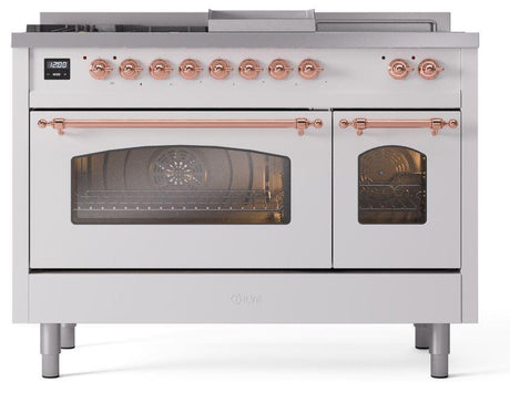 Nostalgie II 48 Inch Dual Fuel Liquid Propane Freestanding Range in White with Copper Trim