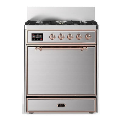 ILVE UM30QNR3SSP Majestic III 30 inch Dual Fuel Range with 5 Black Brass Burners, Dual Function Burner up to 25,000 BTU (Natural Gas, Solid Door, Stainless Steel, Copper)