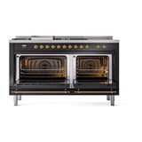 ILVE UN60FSQNMPBKGLP Nostalgie II Noblesse 60 inch Dual Fuel Range (7 Sealed Burners + Griddle + French Top, Liquid Propane, Solid Door, Glossy Black, Brass)