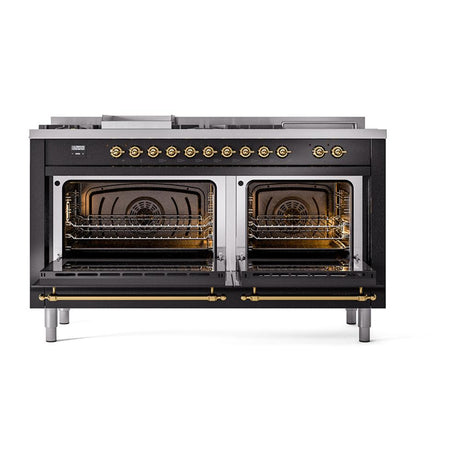ILVE UN60FSQNMPBKGLP Nostalgie II Noblesse 60 inch Dual Fuel Range (7 Sealed Burners + Griddle + French Top, Liquid Propane, Solid Door, Glossy Black, Brass)
