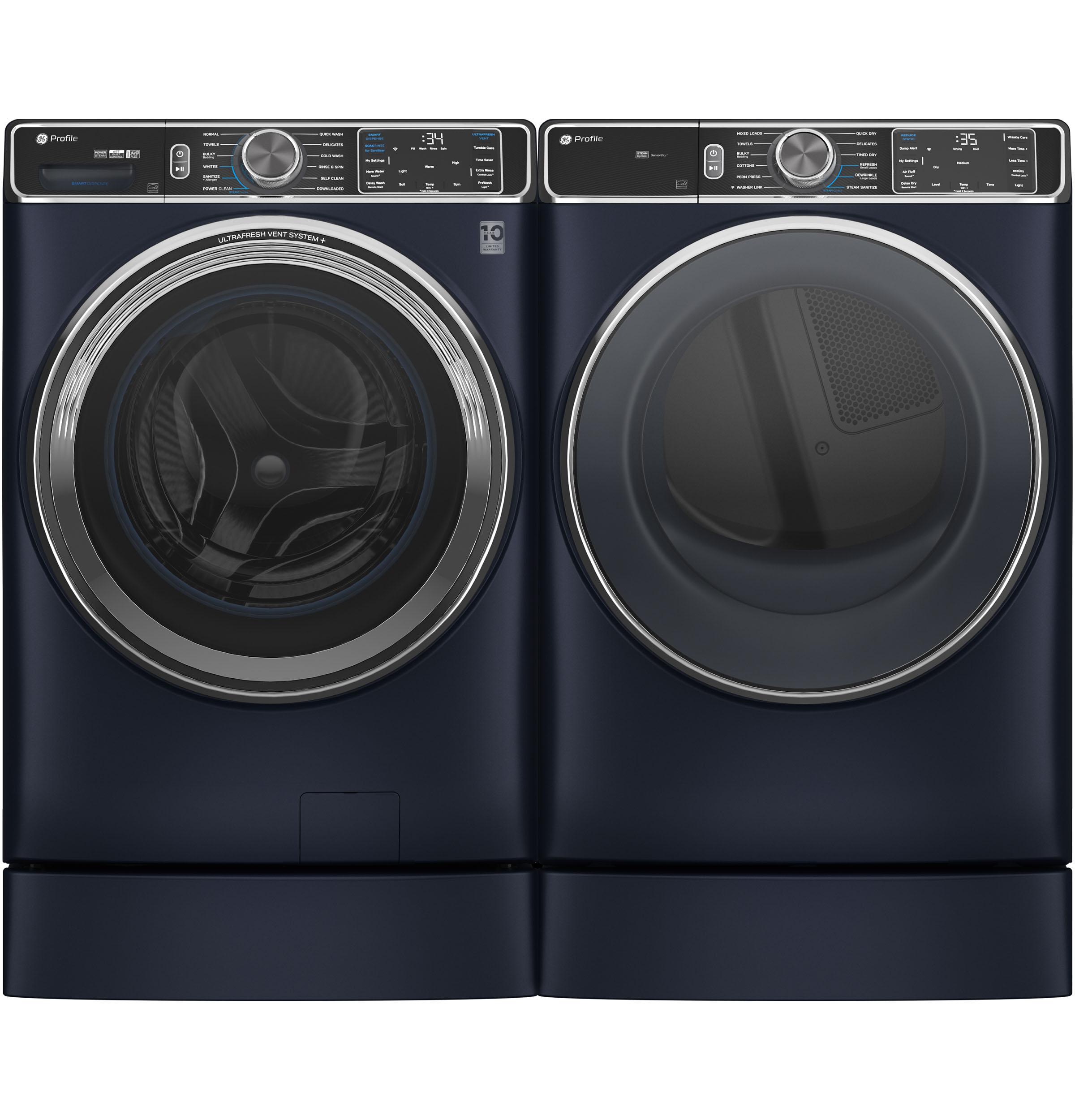 GE Appliances Sapphire Blue Front Load Washer & Gas Dryer Side-by-Side Set with Riser