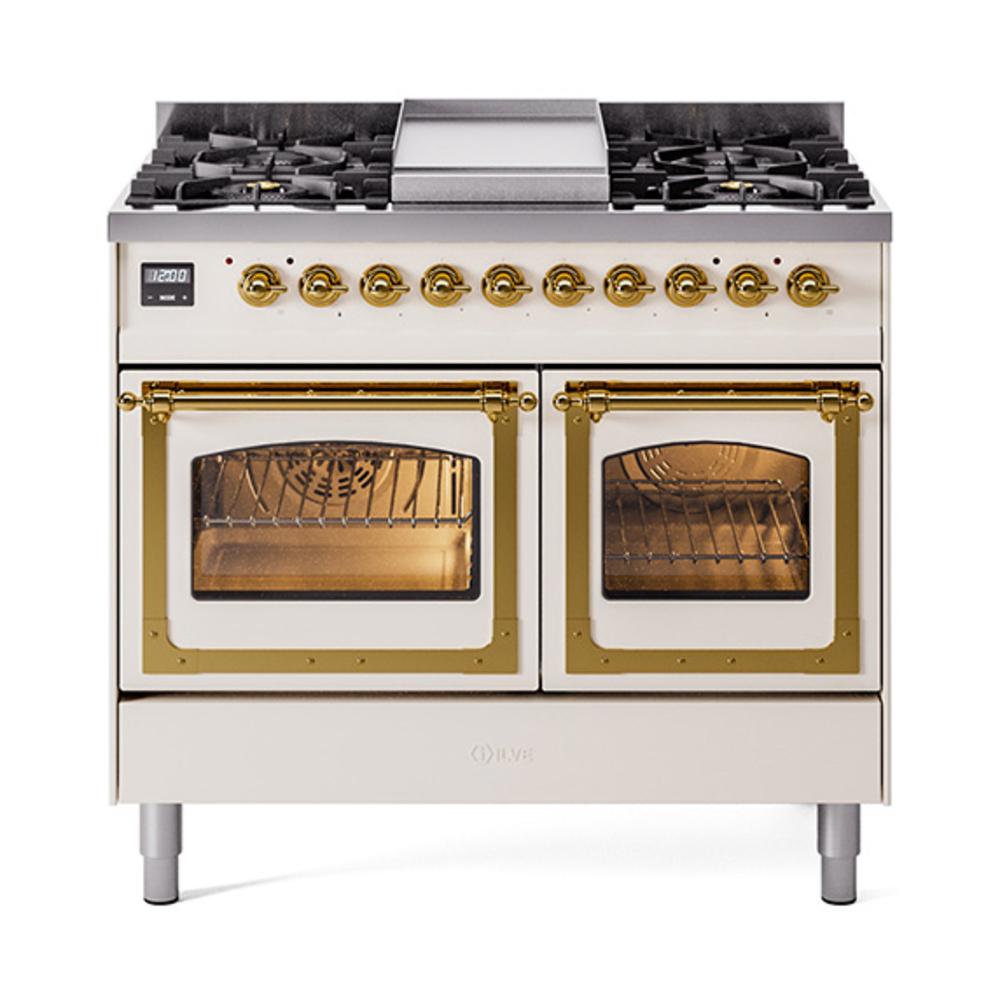 ILVE UND40FNMPAWGLP Nostalgie II Noblesse 40 inch Dual Fuel Range (Liquid Propane, Triple Glass Door, Antique White, Brass)