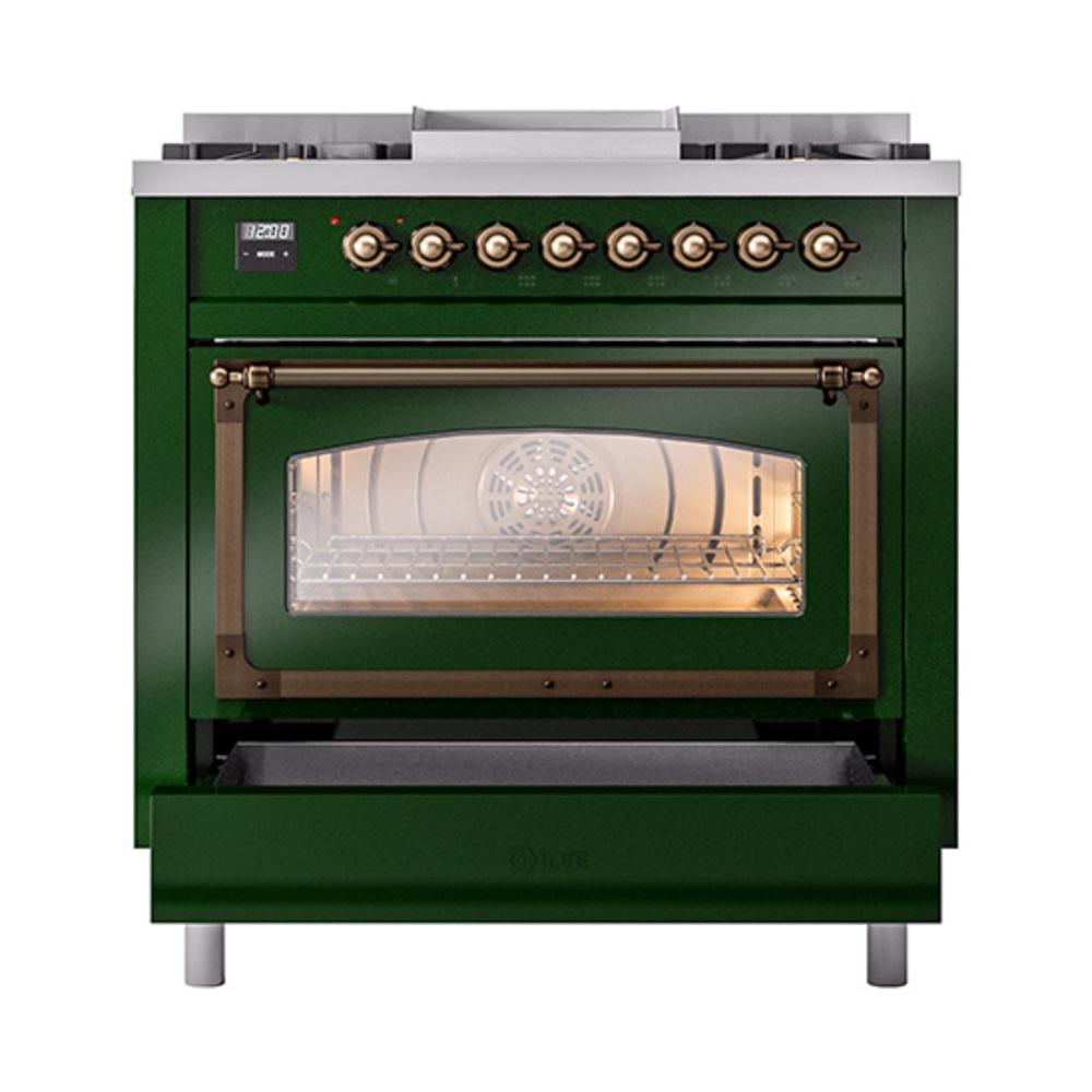 ILVE UN36FNMPEGB Nostalgie II Noblesse 36 inch Dual Fuel Range (Natural Gas, Triple Glass Door, Emerald Green, Burnished)
