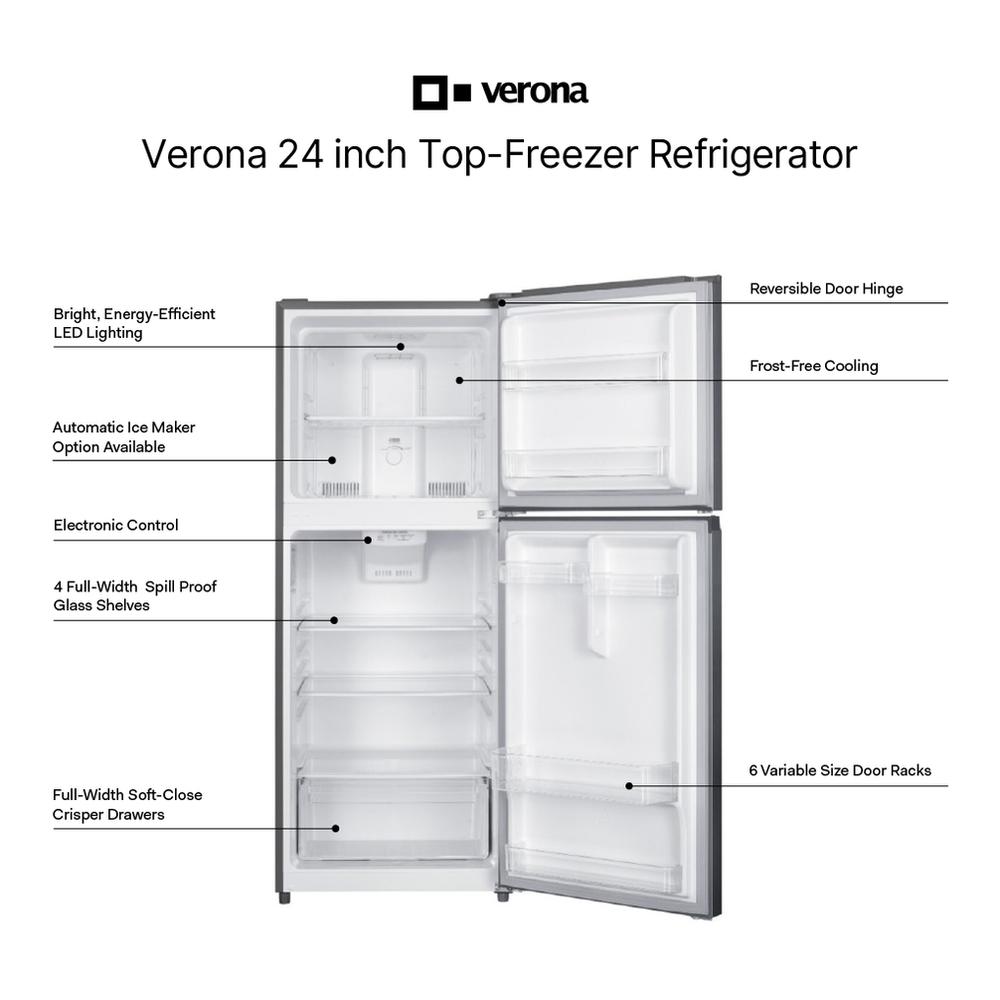 Verona VEFTF2412RSL 24 inch Top Freezer Refrigerator with 12 cu. ft. Total Capacity, Reversible Doors, Recessed Handle, Energy Star (Stainless Steel Look)