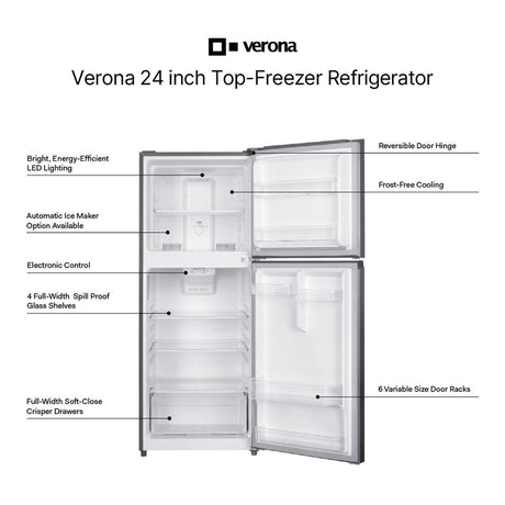 Verona VEFTF2412RSL 24 inch Top Freezer Refrigerator with 12 cu. ft. Total Capacity, Reversible Doors, Recessed Handle, Energy Star (Stainless Steel Look)