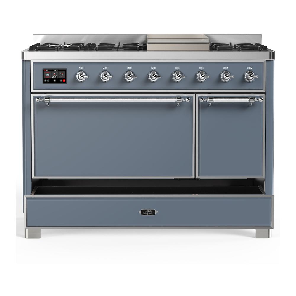 ILVE UM48FQNR3BGC Majestic III 48 inch Dual Fuel Range with 8 Burners and Griddle, Dual Function Burner up to 25,000 BTU (Natural Gas, Solid Door, Blue Grey, Chrome)